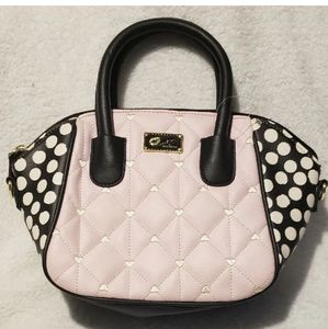 Luv Betsey Johnson Dome Satchel Purse Pink W/ White Hearts & BLK/WHT Polka Dots